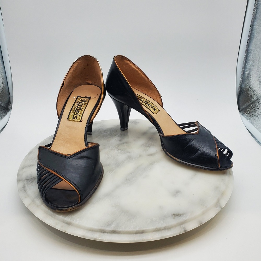 VTG Nickels Black Leather d'Orsay Peep Toe Heels Bronze Piping Sz 7.5 AA Narrow